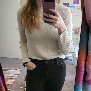 Uniqlo ribbed, cream, lettuce hem sweater.